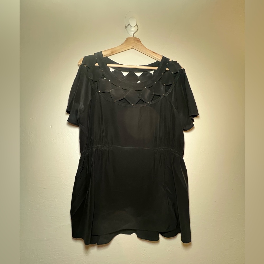 BCBGMaxAzria Black Cutout Silk Neckline Blouse